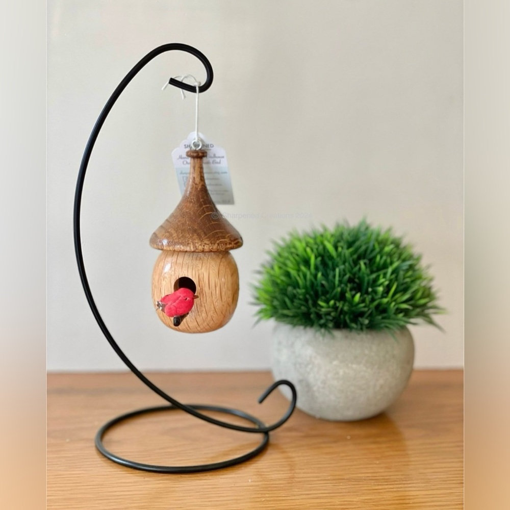 Decorative Wooden birdhouse with miniature red bird and stand, Desktop decor